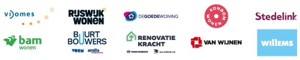 Logos van Vidomes, Rijswijk Wonen, De Goede Woning, Rondom Wonen, Stedelink, Bam, Buurt Bouwers, Renovatie Kracht, Van Wijnen en Willems